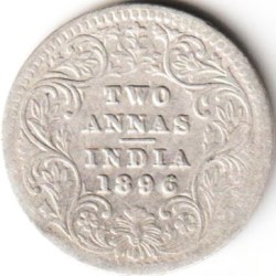 Rare Two Anna 1896 Silver Coin of Victoria Empress British India Coinage