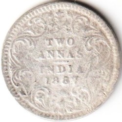 Rare Two Anna 1887 Silver Coin of Victoria Empress British India Coinage