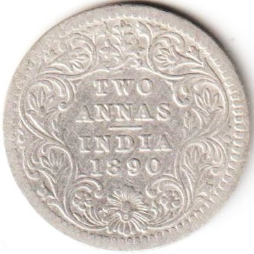 Rare Two Anna 1890 Silver Coin of Victoria Empress British India Coinage