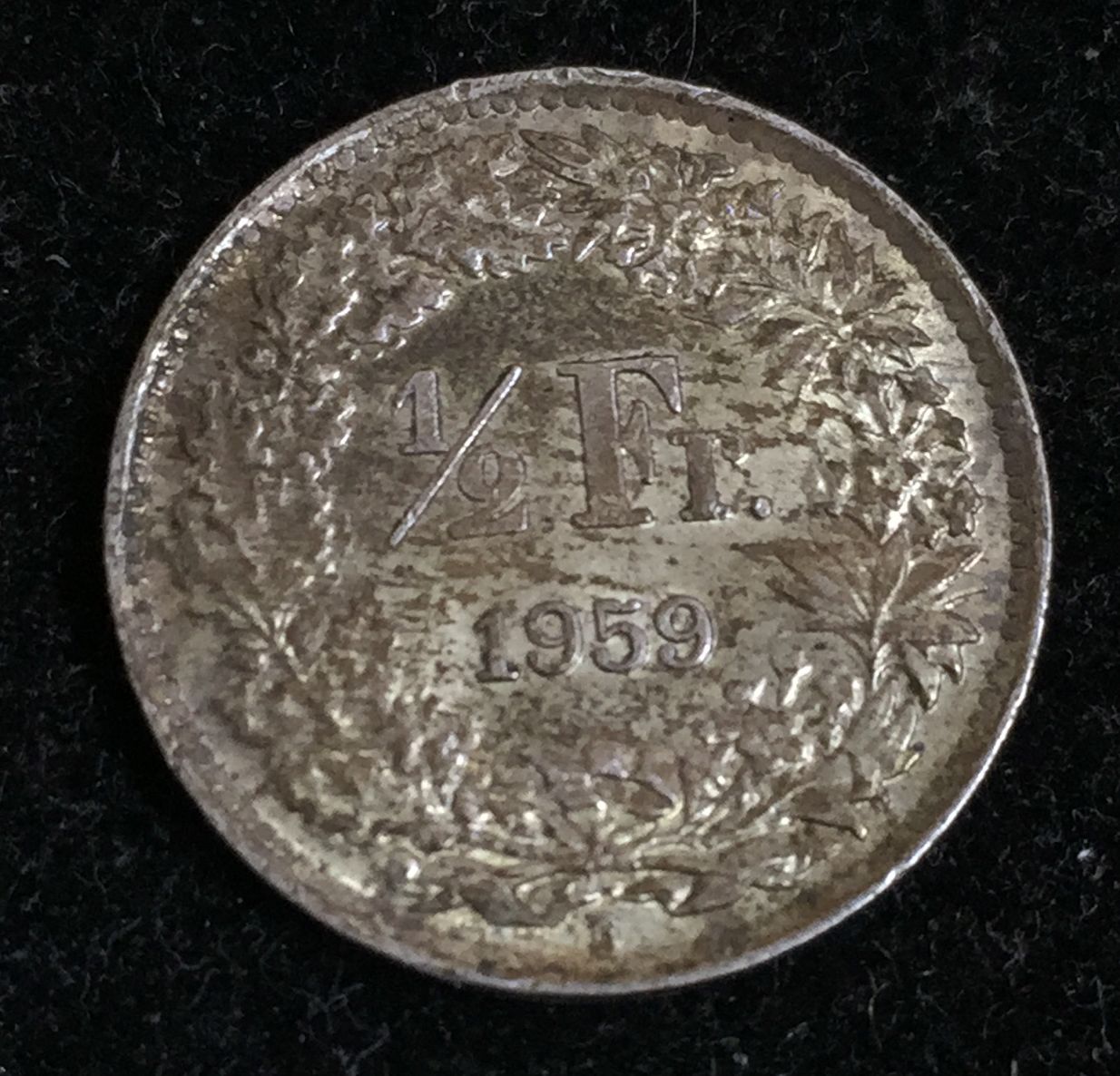 Switzerland ½ Franc (1959) Helvetia standing; rare silver (Weight 2.5 g) Coin #A-26