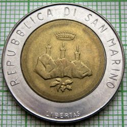 Alternative view of San Marino, 500 Lire, 1986, Man with Computer, Bimetal, KM #195, Fine Condition.