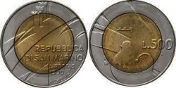 San Marino, 500 Lire, 1990, 1600th Anniversary of San Marino, Bimetal, KM #256, Circulated Condition.