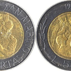 San Marino, 500 Lire, 1994, Life and Legend of Holy Marinus of Dalmatia - Donna Felicissima, Bimetal, KM #314, Circulated Condition.