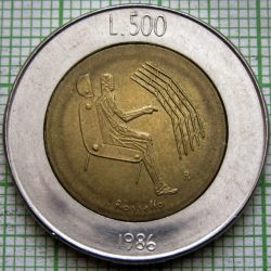 San Marino, 500 Lire, 1986, Man with Computer, Bimetal, KM #195, Fine Condition.