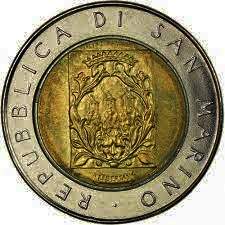 Alternative view of San Marino, 500 Lire, 1988, Fortifications - Second tower, Bimetal, KM #226, Circulated Condition.