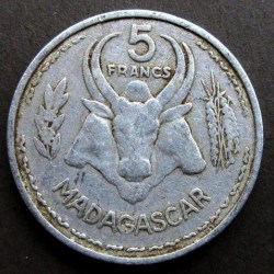 FRENCH - MADAGASCAR, 5 FRANCS, 1953, KM# 5, USED CONDITION.
