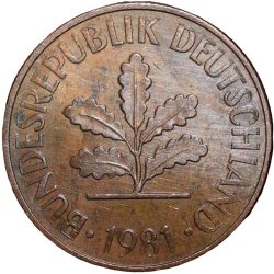 Bronze 2 Pfenning of Germany (AD 1981) with Oak Sapling
