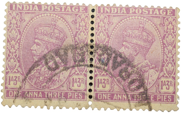 Postal Stamp of George V 1 Anna 3 Pies Pink Colour - Block of 2 Stamps - Used Condition as per Image.