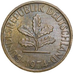 Brass 5 Pfenning of Germany (AD 1974) with Oak Sapling