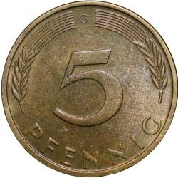 Alternative view of Brass 5 Pfenning of Germany (AD 1974) with Oak Sapling