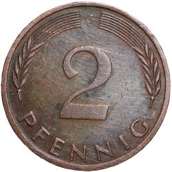 Alternative view of Bronze 2 Pfenning of Germany (AD 1976) with Oak Sapling