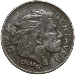 Old Copper-Nickel 10 Pesos of Colombia Country (AD 1959) with portrait of Indio Chief