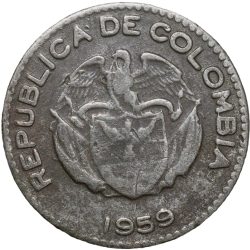 Alternative view of Old Copper-Nickel 10 Pesos of Colombia Country (AD 1959) with portrait of Indio Chief