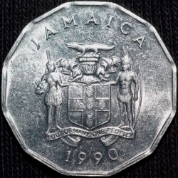 Alternative view of Aluminium 1 Cent of Jamaica (AD 1990) F.A.O. Issue Produce More Food in UNC Grade