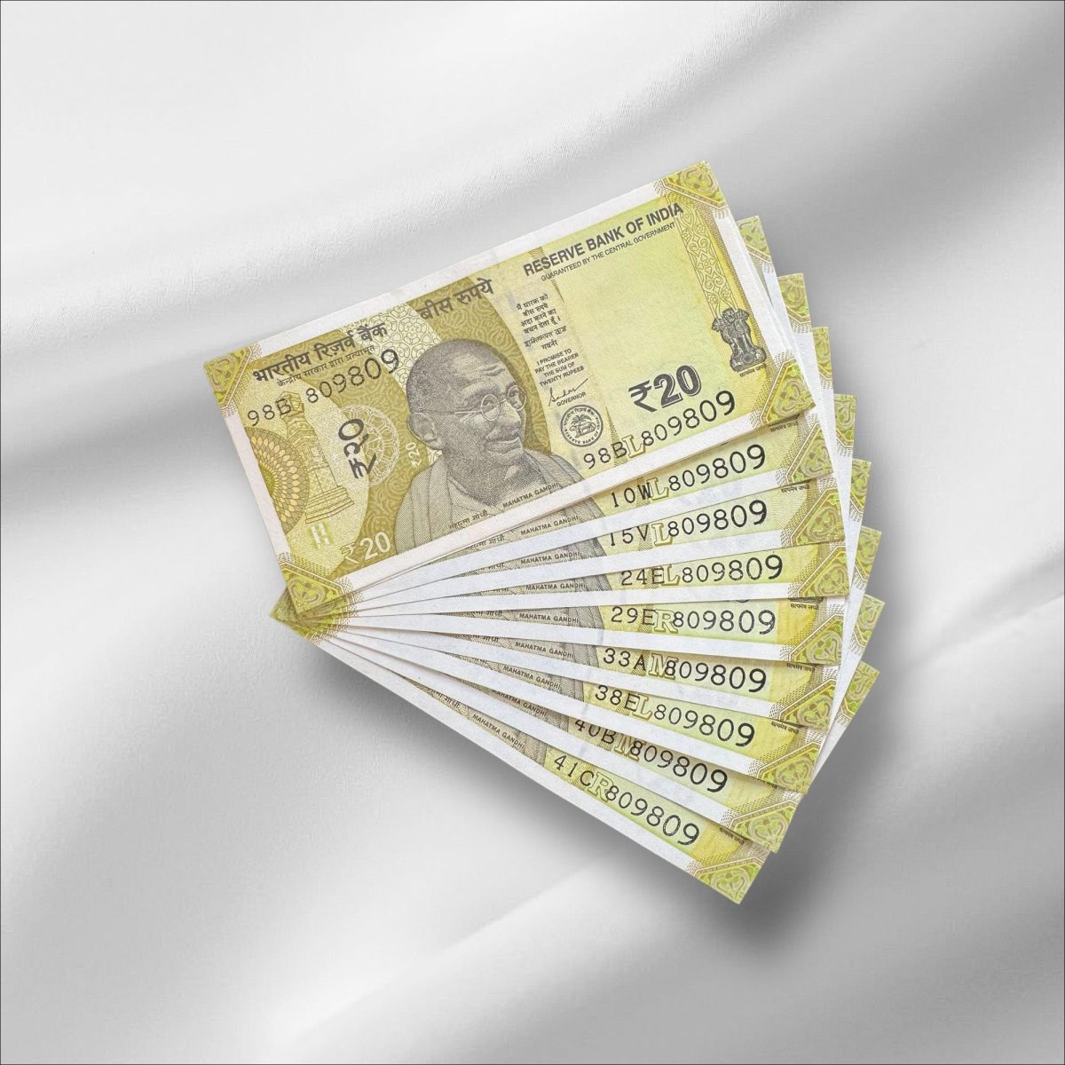 Rs 20/- India Banknote Same NUMBER 809809 * 10 NOTES Latest Issue Unique and Rare