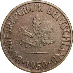 Old Brass 10 Pfennings of Germany (AD 1950) with Oak Sapling