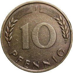 Alternative view of Old Brass 10 Pfennings of Germany (AD 1950) with Oak Sapling
