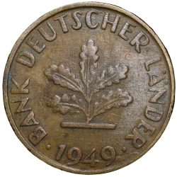 Old Brass 10 Pfenning of Germany (AD 1949) with Oak Sapling