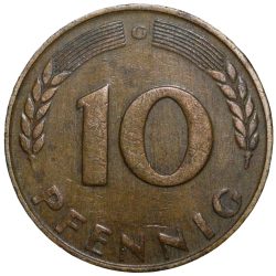 Alternative view of Old Brass 10 Pfenning of Germany (AD 1949) with Oak Sapling
