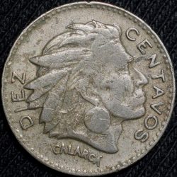 Old Copper-Nickel 10 Pesos of Colombia Country (AD 1964) with portrait of Indio Chief