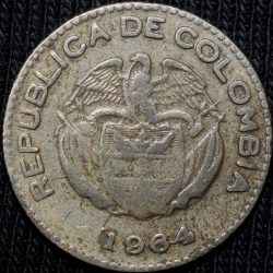 Alternative view of Old Copper-Nickel 10 Pesos of Colombia Country (AD 1964) with portrait of Indio Chief