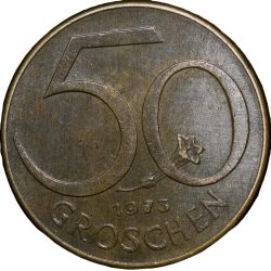 Alternative view of Aluminium-Bronze 50 Goschen of Austria (AD 1973) with Austrian escutcheon and the state title