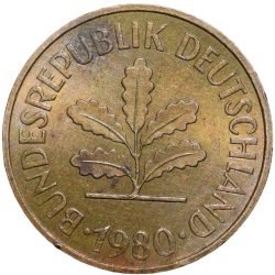 Brass 5 Pfenning of Germany (AD 1980) with Oak Sapling
