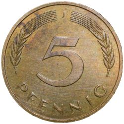Alternative view of Brass 5 Pfenning of Germany (AD 1980) with Oak Sapling