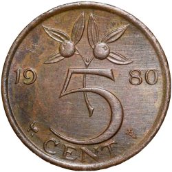 Alternative view of Bronze 5 Cents of Junliana Koningin (AD 1980) from Nederland