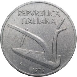 Aluminium 10 Lira of Italy Country (AD 1978) with Plough & 2 ears of Wheat