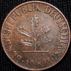 Bronze 1 Pfenning of Germany (AD 1969) with Oak Sapling