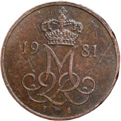 Bronze 5 Ore of Danmark (AD 1981) Crowned 'M'