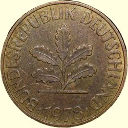 Brass 10 Pfenning of Germany (AD 1978) with Oak Sapling