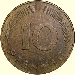 Alternative view of Brass 10 Pfenning of Germany (AD 1978) with Oak Sapling