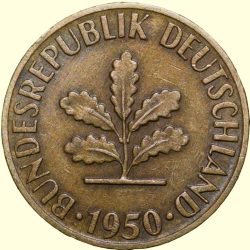 Old Brass 5 Pfenning of Germany (AD 1950) with Oak Sapling