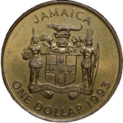 Brass Plated Steel 1 Dollar of Jamaica Country (AD 1993) with Coat of arms of Jamaica