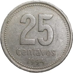 Alternative view of Copper-Nickel 25 Centavos of Argentina (AD 1994) with Cabildo building