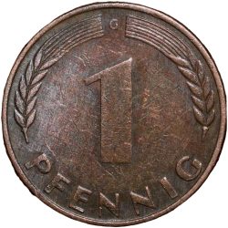 Alternative view of Bronze 1 Pfennig of Germany (AD 1950) with Oak Sapling