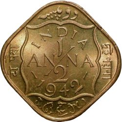 Alternative view of Nickel-Brass 1/2 Anna of George VI (AD 1942) of Bombay Mint in UNC Grade Rare