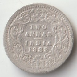 Two Anna 1888 Silver Coin of Victoria Empress British India Coinage