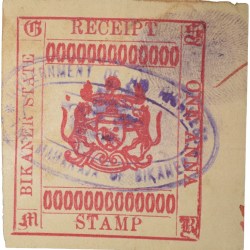 Receipt Stamp of Bikanir State - White-Red Colour 1 Anna Used Condition as per Image, Rare.