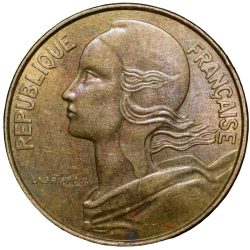 Brass 10 Centimes of France ( AD 1974) with Marianne face left