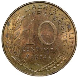 Alternative view of Brass 10 Centimes of France ( AD 1974) with Marianne face left