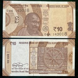 D142 Rs 10 India Banknote Signature series Signed by SHAKTI KANTA DAS Inset PLAIN 2021 Issue
