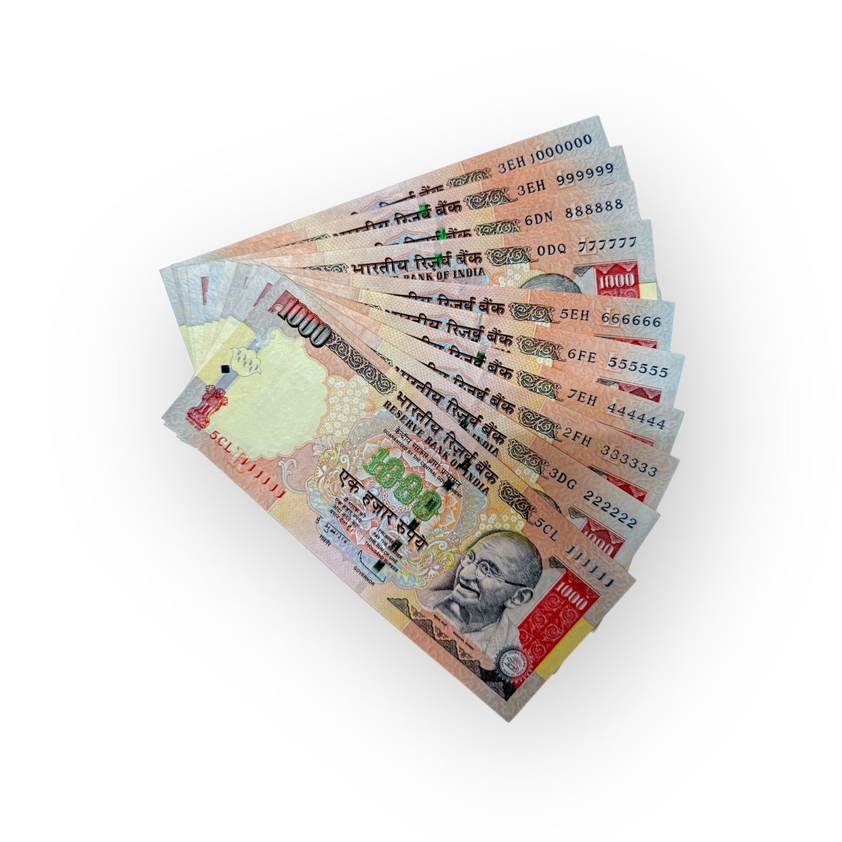 Rs 1000 India Banknote Fancy Number Previous Issue 10 Note Set Issue 111111 to 1000000