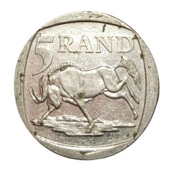 SOUTH AFRICA Ni/Ni Plated 5 RAND Year 1998 Coat of Arms, Fauna, Wildebeasts in Collectable Grade.
