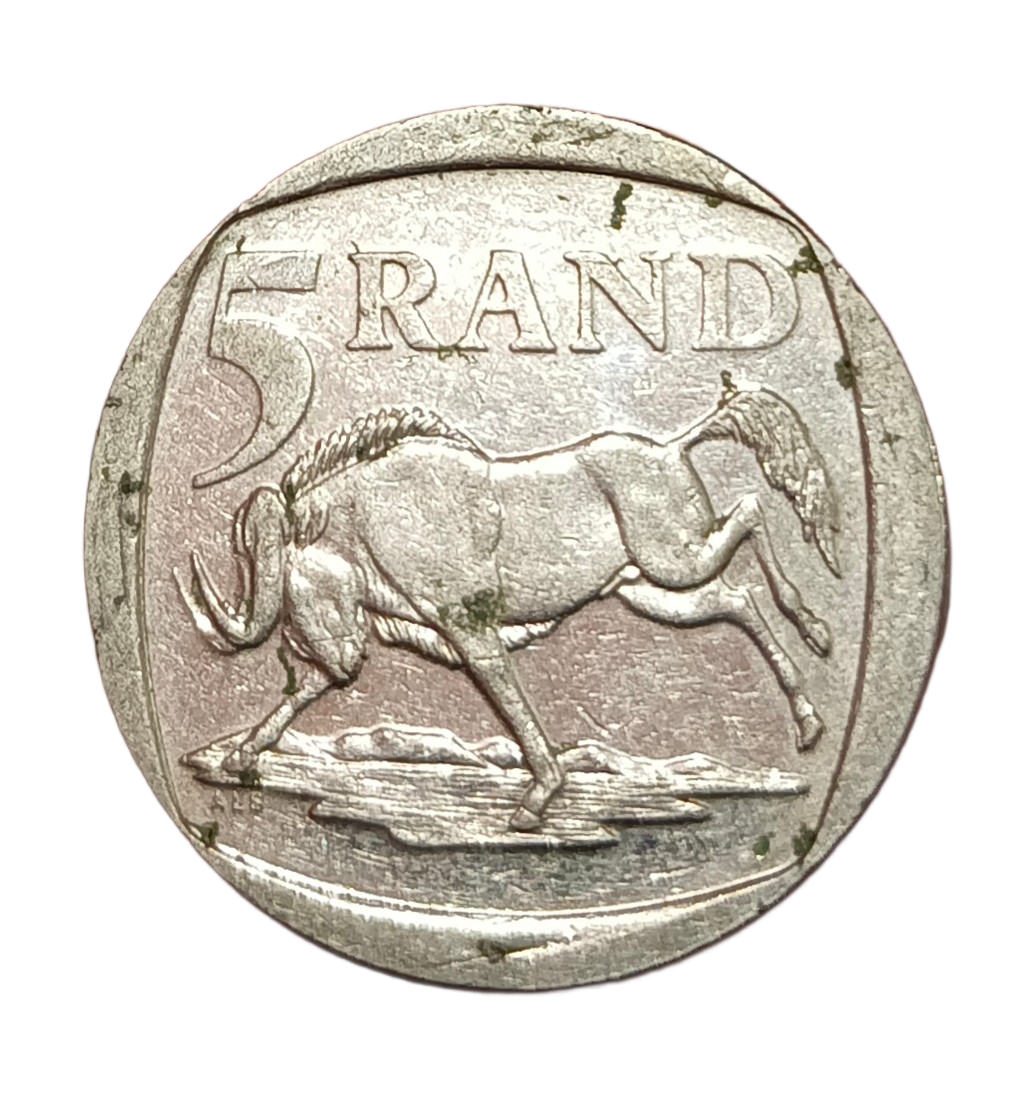 SOUTH AFRICA Ni/Ni Plated 5 RAND Year 1998 Coat of Arms, Fauna, Wildebeasts in Collectable Grade.