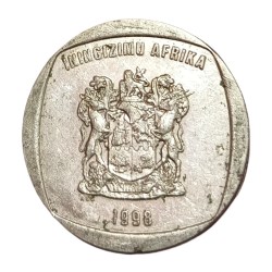 Alternative view of SOUTH AFRICA Ni/Ni Plated 5 RAND Year 1998 Coat of Arms, Fauna, Wildebeasts in Collectable Grade.