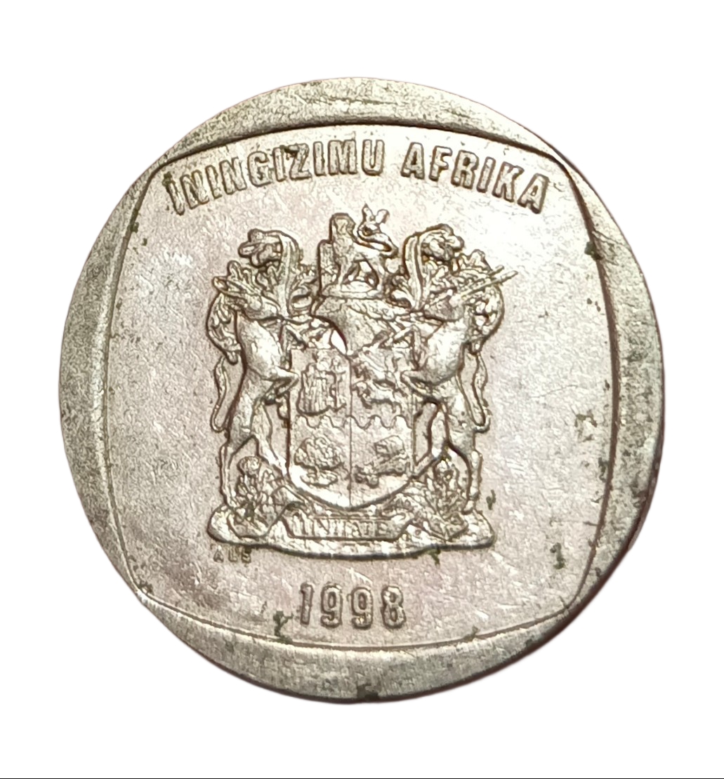 SOUTH AFRICA Ni/Ni Plated 5 RAND Year 1998 Coat of Arms, Fauna, Wildebeasts in Collectable Grade. - Image 2