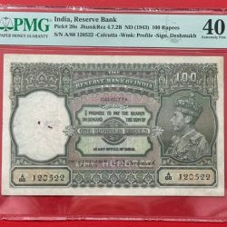 100 Ruppes unc British india George Six Calcutta Mint. Governor C. D. Deshmukh Pmg Grade High grade 40 World No 1 Company pmg